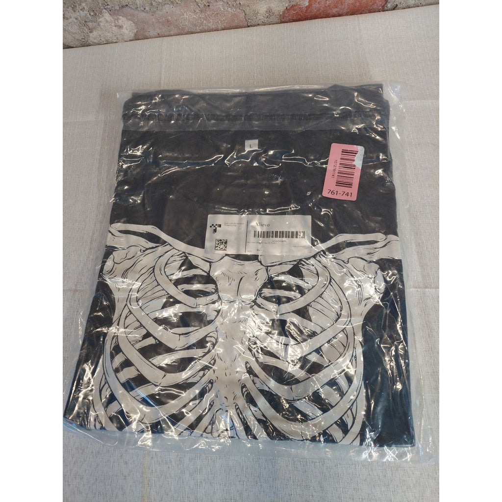 Xlievo Mens T Shirt L Black Skeleton Graphic Halloween Costume Rib Cage
