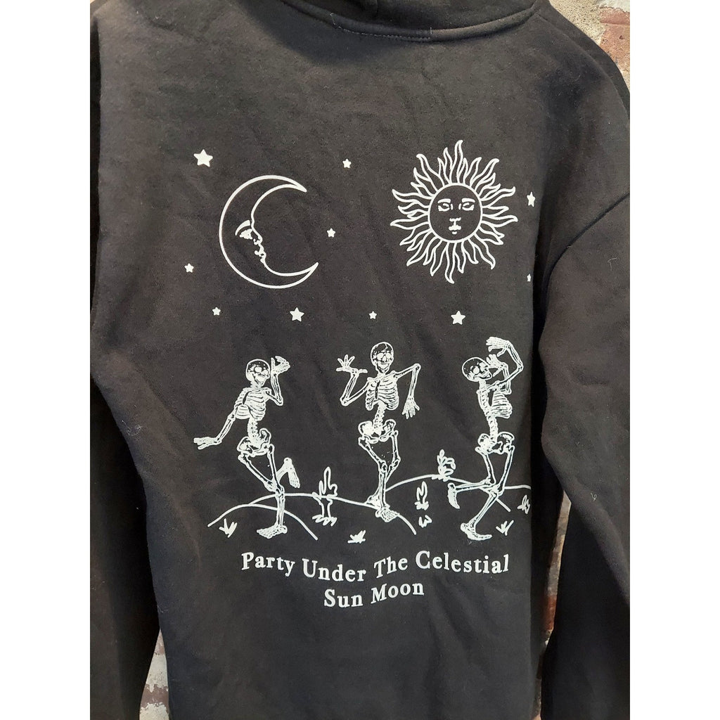 Call Your Mother Unisex Hoodie M Black Graphic Print Pullover Celestial Skeleton
