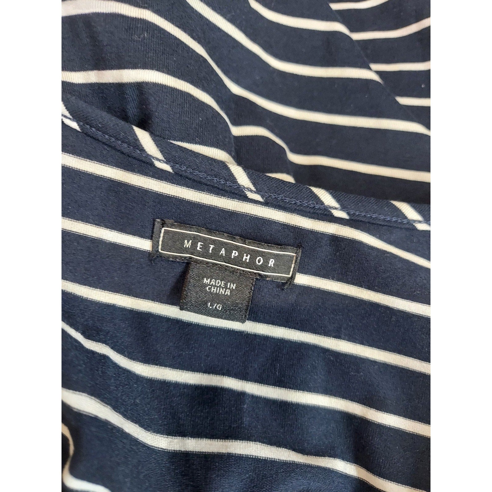 Metaphor Womens 3/4 Sleeve Shirt Top L Navy Blue White Striped Lace Detail
