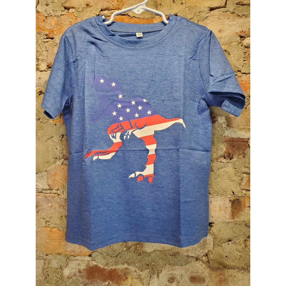 Boys T-Shirt American Flag Dinosaur Graphic Size 7 8 Blue Heather Short Sleeve