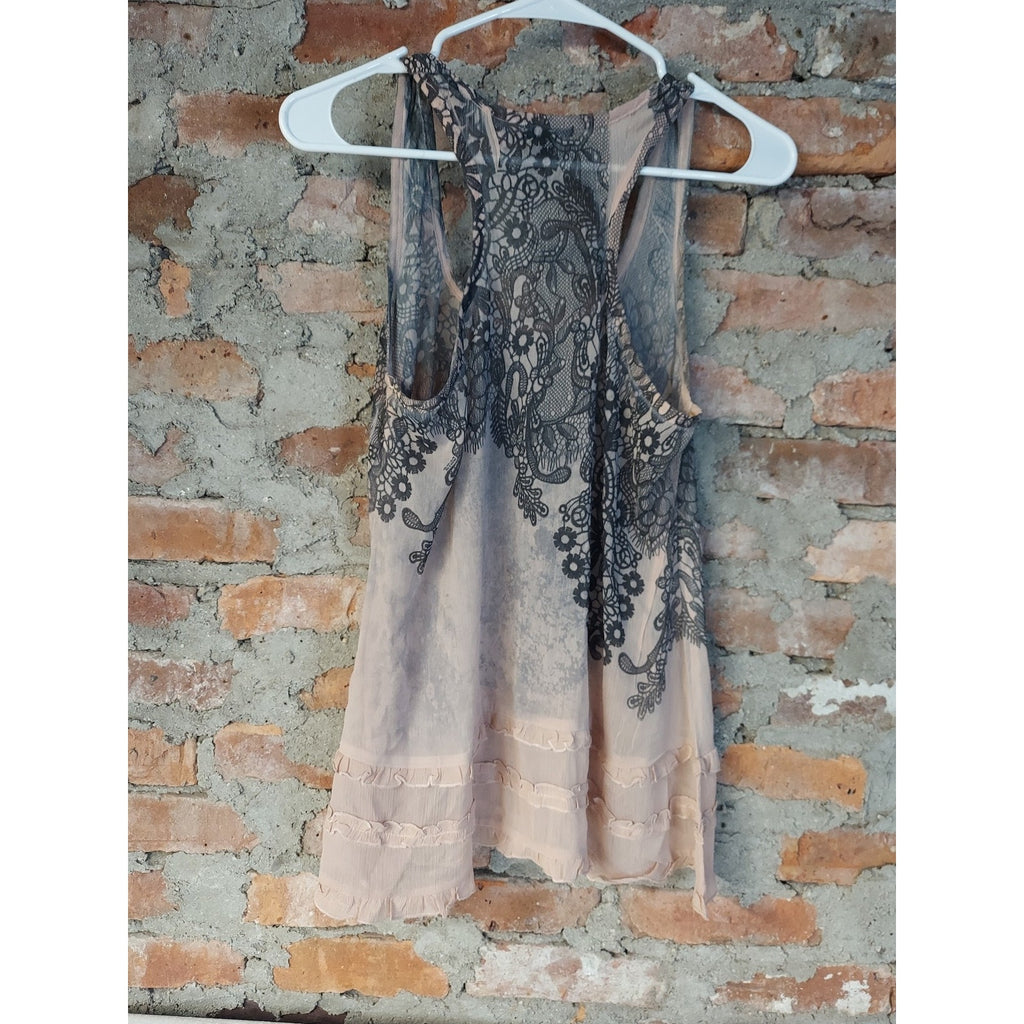 FANG Womens Tank Top L Blush Pink Black Lace Overlay Ruffled Hem Sheer
