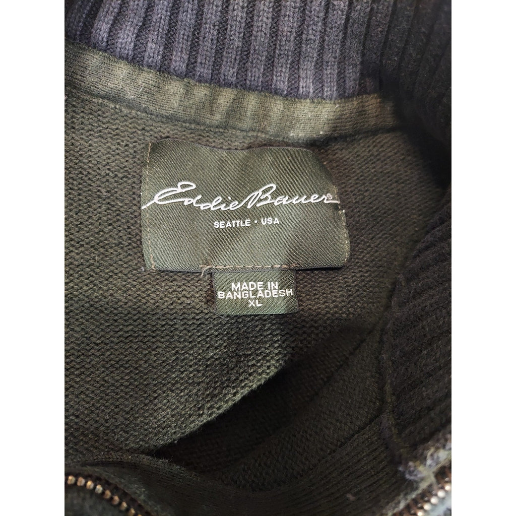 Eddie Bauer Mens XL Olive Green Gray Stripe Quarter Zip Mock Neck Sweater