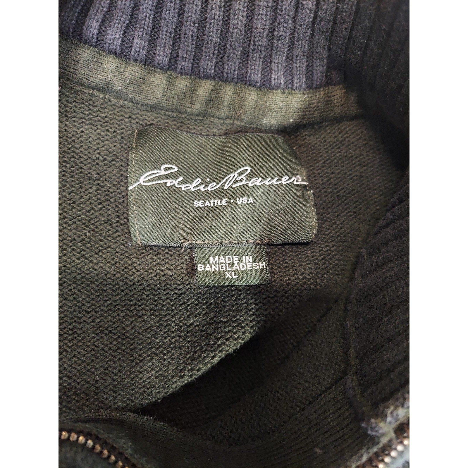 Eddie Bauer Mens XL Olive Green Gray Stripe Quarter Zip Mock Neck Sweater