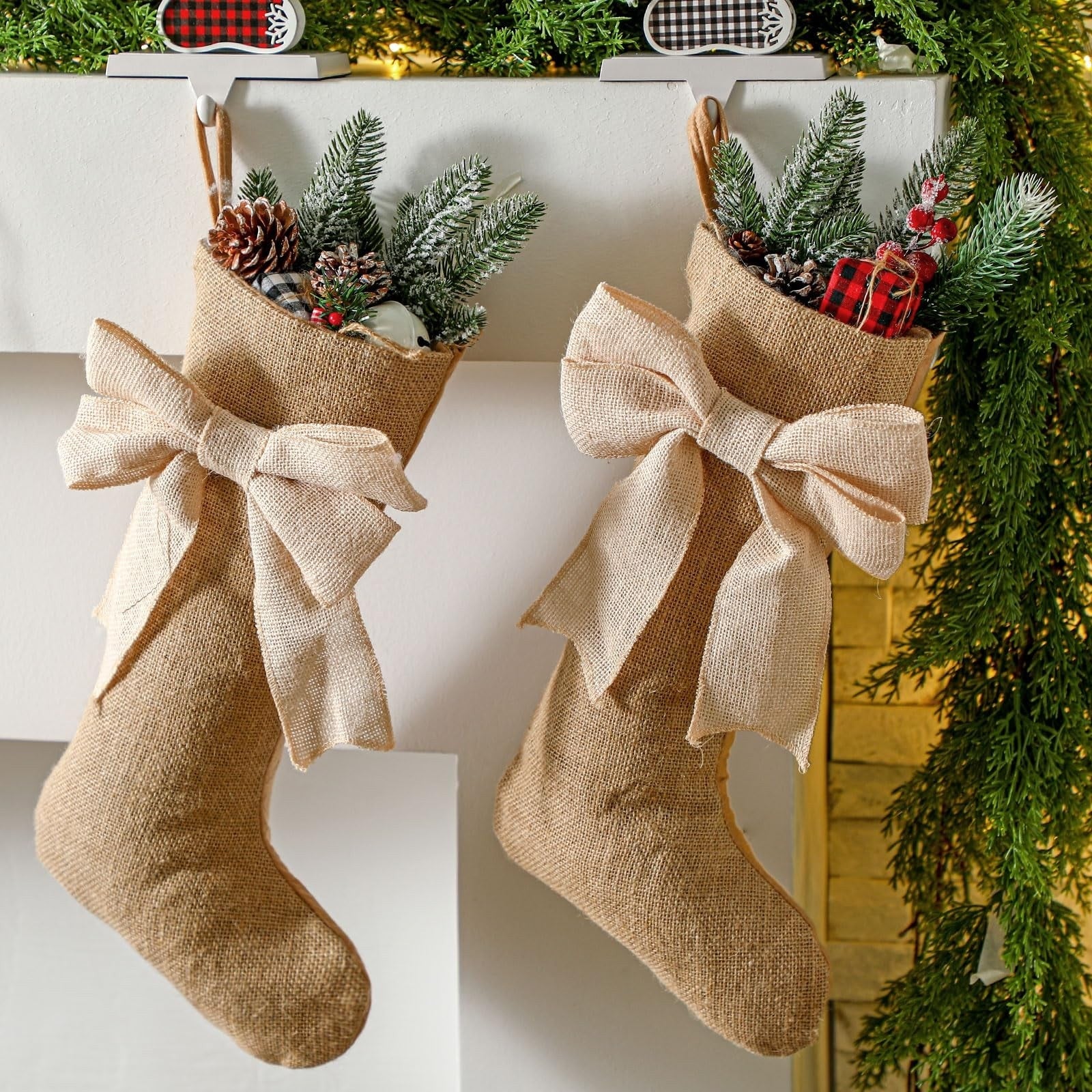Burlap Christmas Stockings Set of 2 Rustic Farmhouse Holiday Decor Large Bow