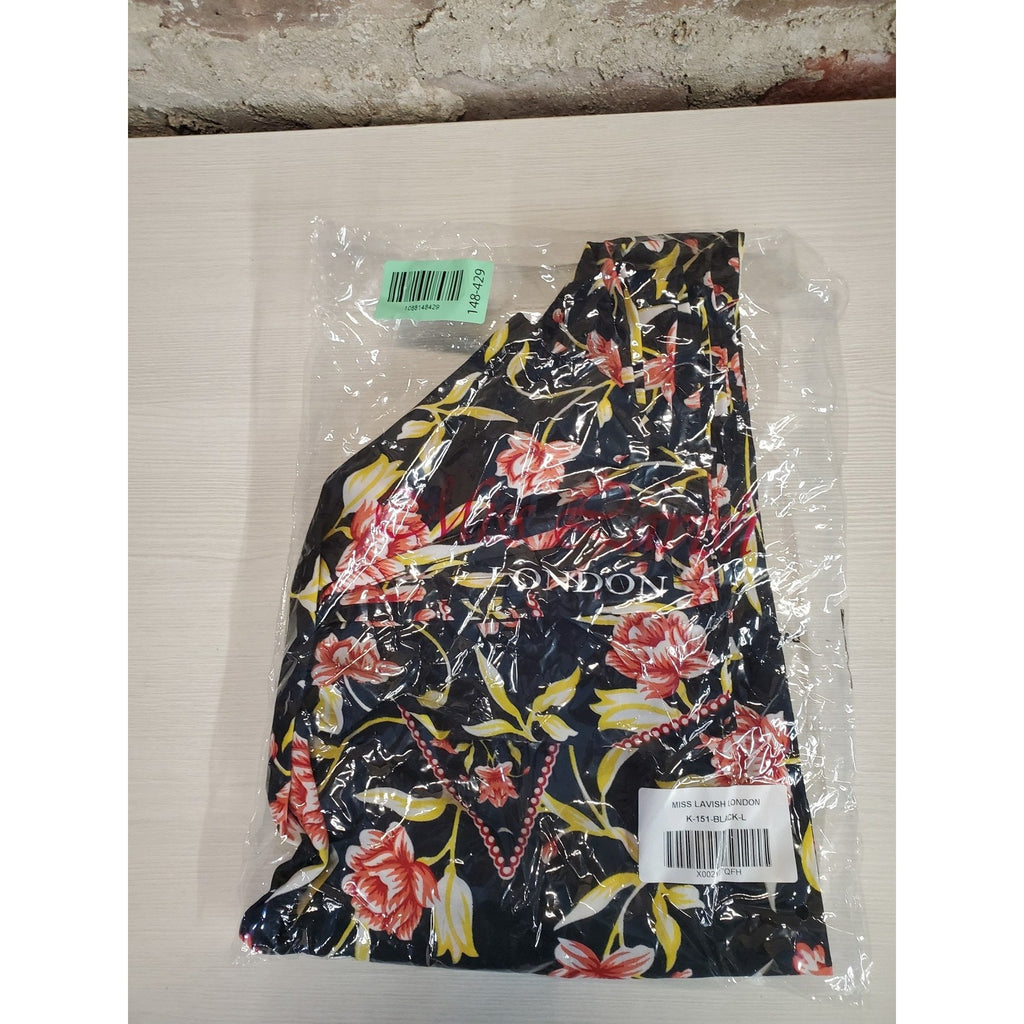 Miss Lavish London Womens Kaftan Maxi Dress L Black Floral V Neck Flowy Resort