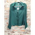 Womens XL Blouse Emerald Green Tie Front Long Sleeve Collared Shirt Polyester