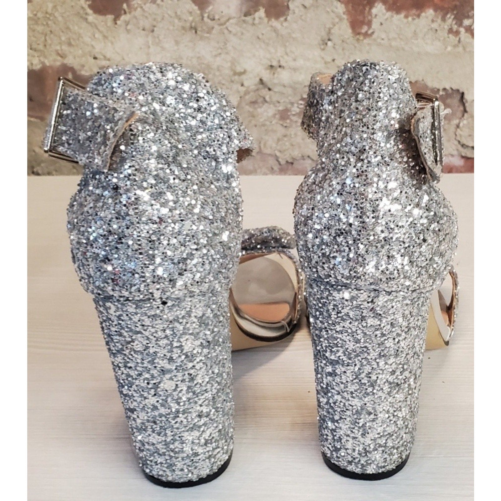 Womens Silver Glitter Block Heel Ankle Strap Bow Sandals US 6 Party Dance
