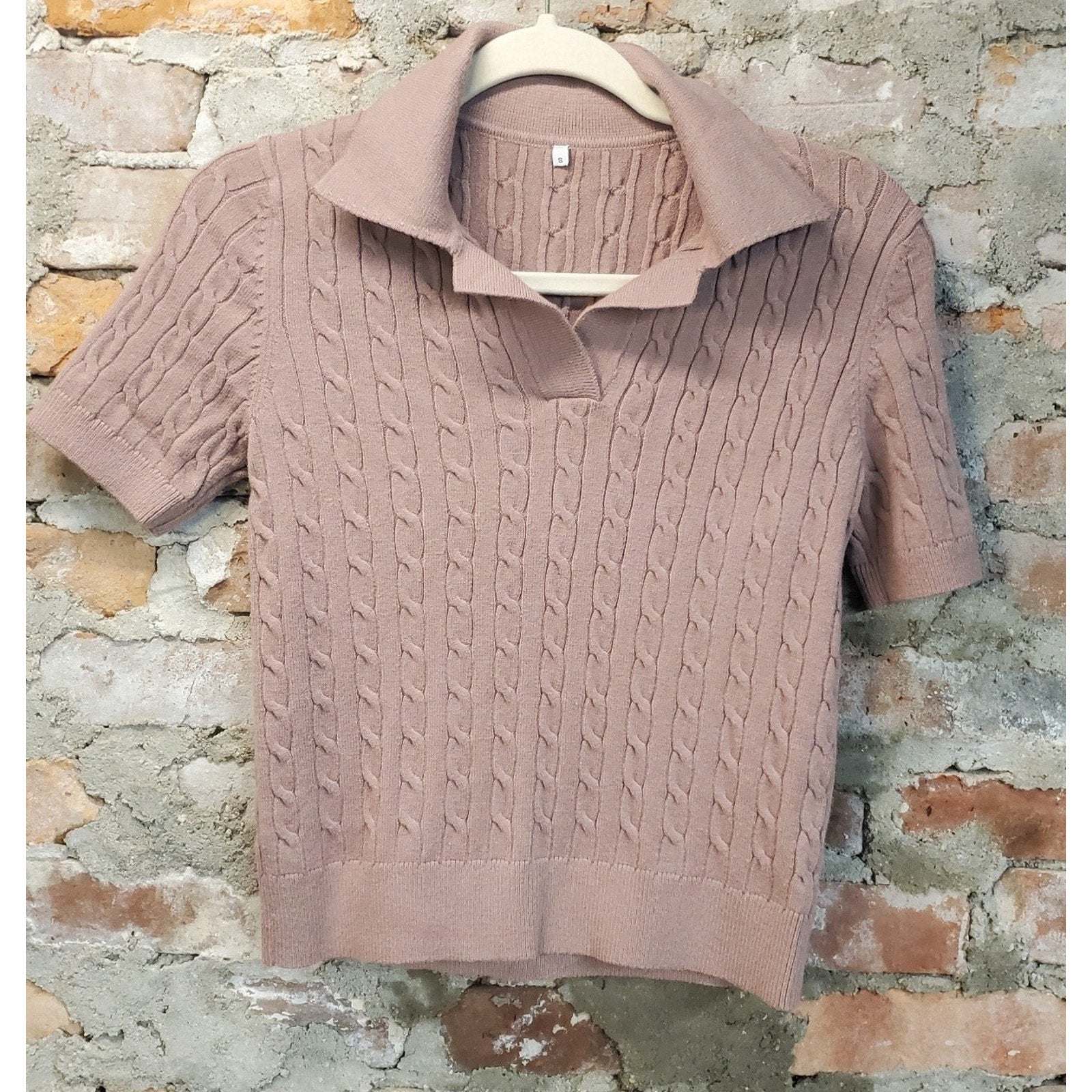 Womens Cable Knit Polo Shirt Small S Mauve Short Sleeve Collared Pullover