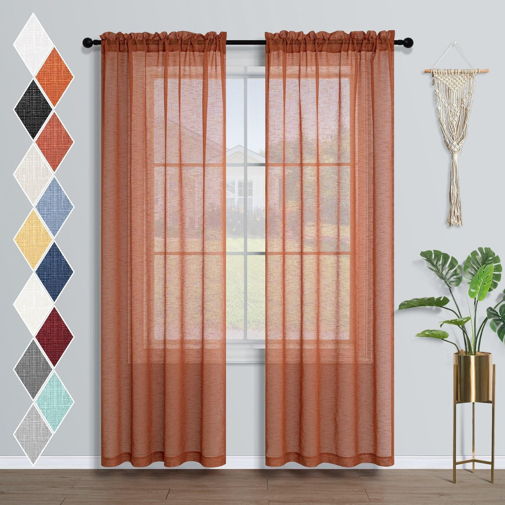 Mrs Naturall Sheer Window 84 inch Curtains Rod Pocket Linen Look Rust Pair