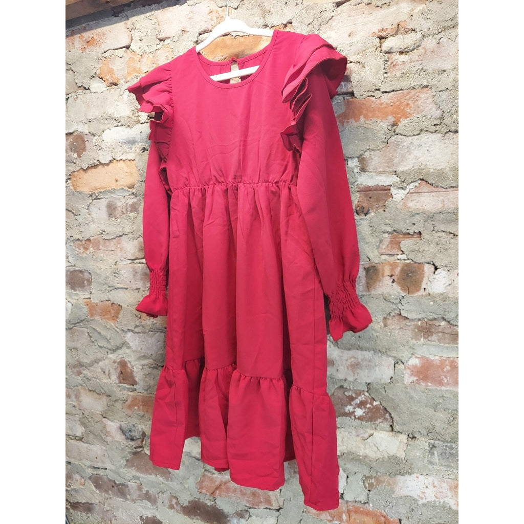 Girls Dress 6-7Y Fuchsia Pink Long Sleeve Tiered Ruffle Polyester