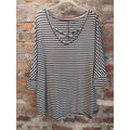 Boutique Plus Womens 1X Striped V Neck Criss Cross Knit Top Black White