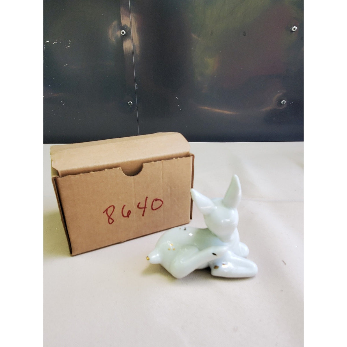 Enesco Fawn Deer Figurine Lying Gold Spots Light Blue White Animal Decor 3 Inch