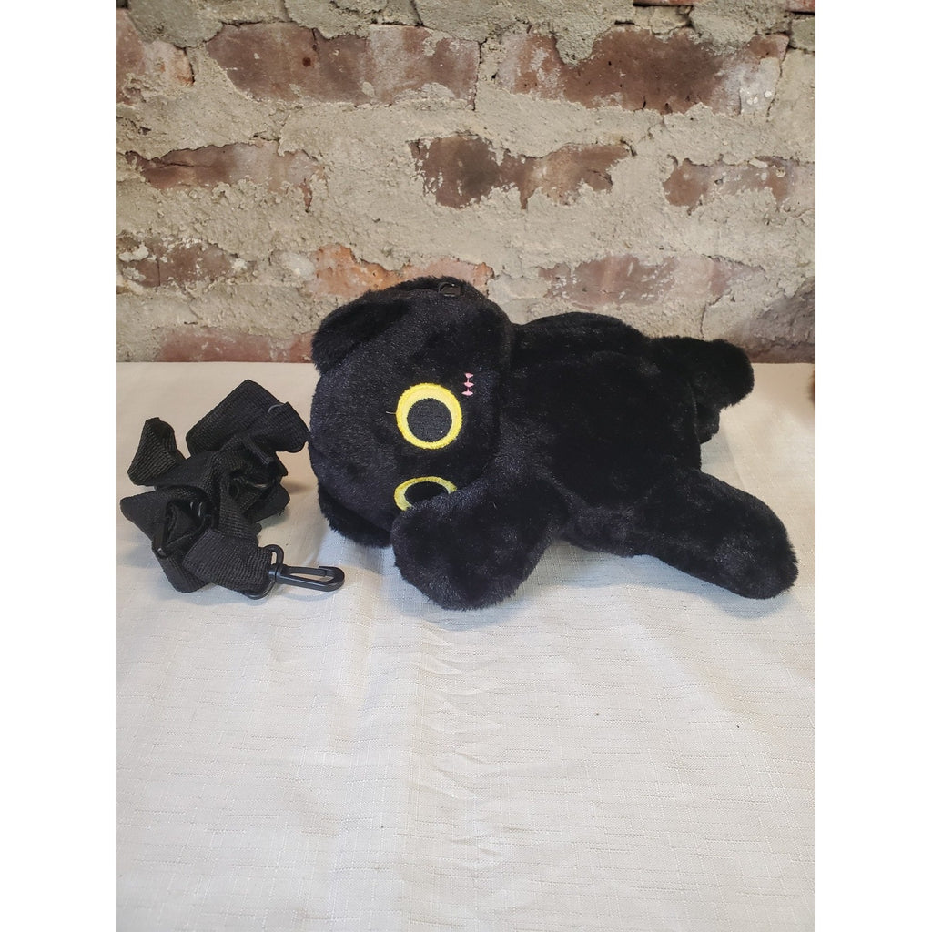 Black Cat Plush Crossbody Bag Purse Yellow Eyes Stitched Face Zipper Strap