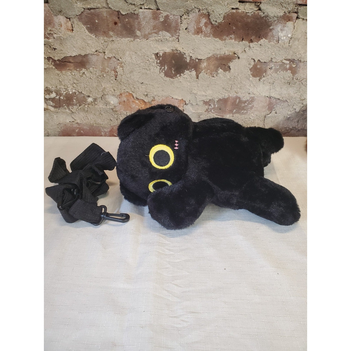 Black Cat Plush Crossbody Bag Purse Yellow Eyes Stitched Face Zipper Strap