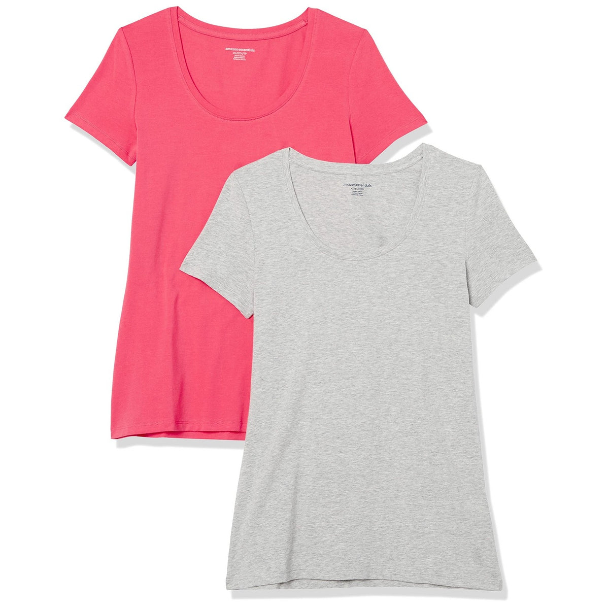 Amazon Essentials Womens Scoop Neck Tee XS Fuchsia Heather Grey 2 Pack