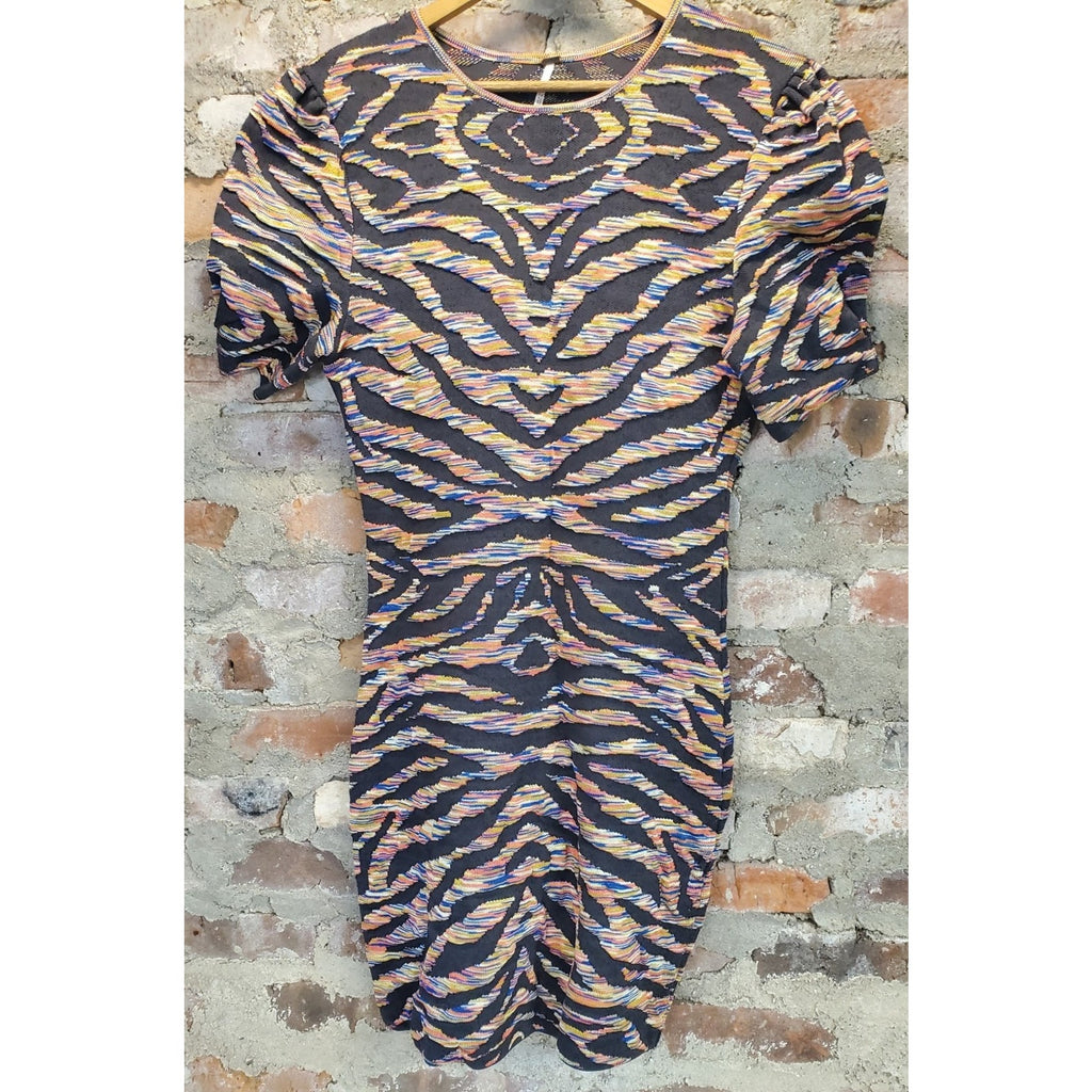 Free People Womens Dress Size M Black Multicolor Zebra Print Short Sleeve Mini