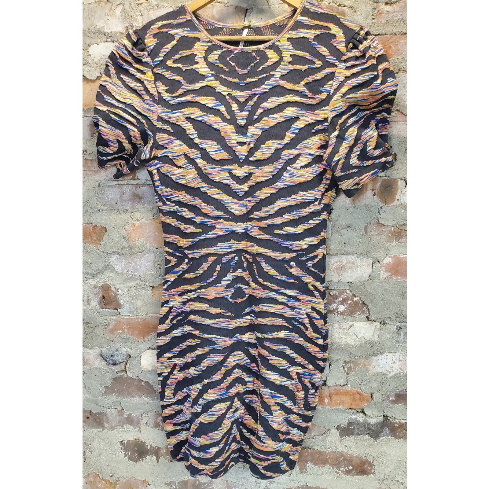 Free People Womens Dress Size M Black Multicolor Zebra Print Short Sleeve Mini