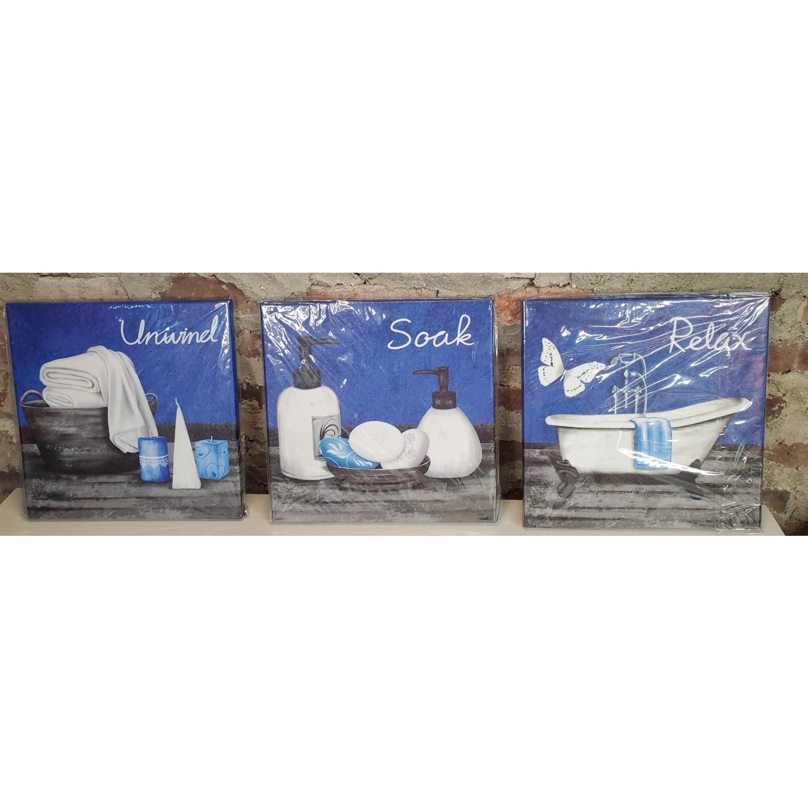 Bathroom Wall Art Set of 3 Unwind Soak Relax Blue White Canvas 12 Inch Decor