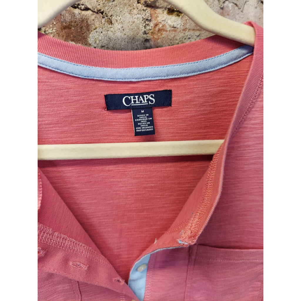 Chaps Womens Henley Shirt Size M Coral Pink 3/4 Sleeve Pockets Knit
