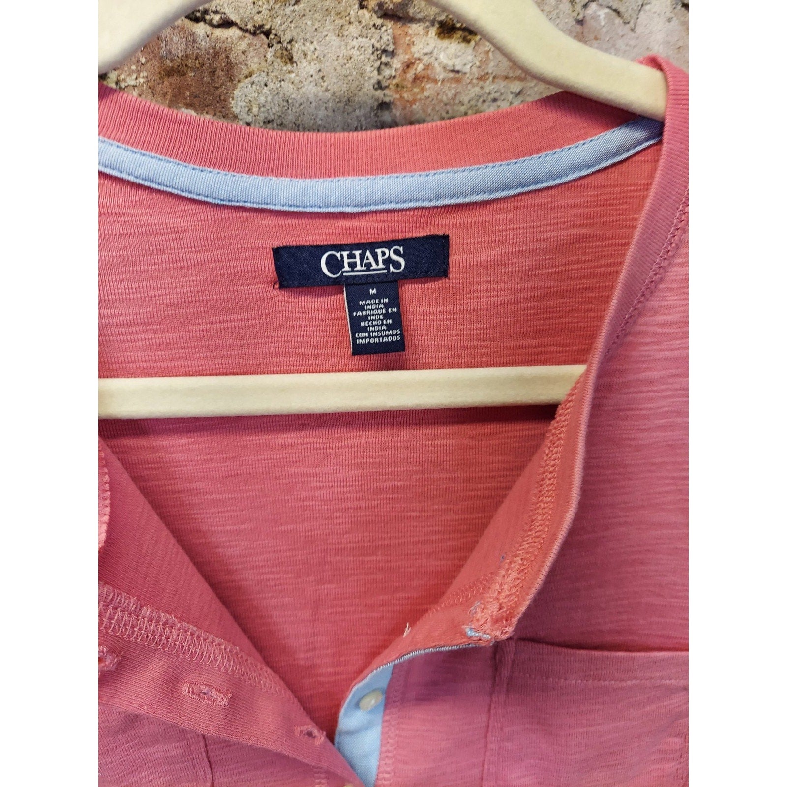 Chaps Womens Henley Shirt Size M Coral Pink 3/4 Sleeve Pockets Knit