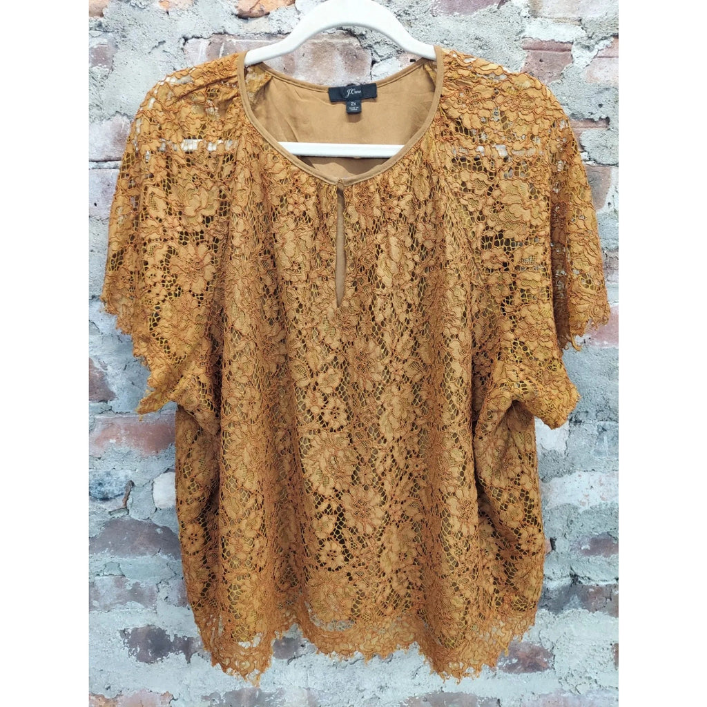 J.Crew Womens Lace Top Blouse 2X Plus Mustard Yellow Floral Keyhole Neck