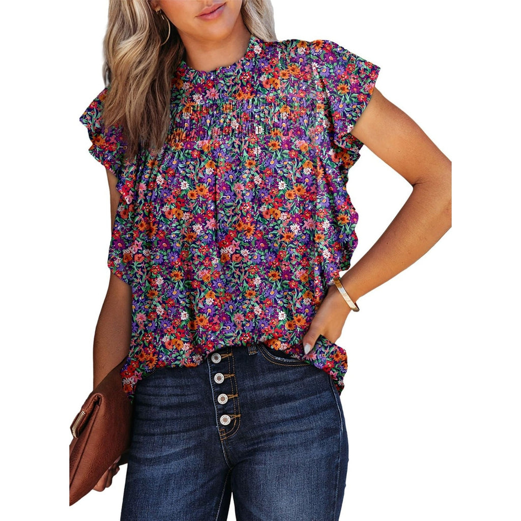 Womens S Mock Neck Smocked Ruffle Sleeve Blouse Multicolor Floral Short Sleeve