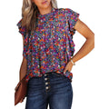 Womens S Mock Neck Smocked Ruffle Sleeve Blouse Multicolor Floral Short Sleeve