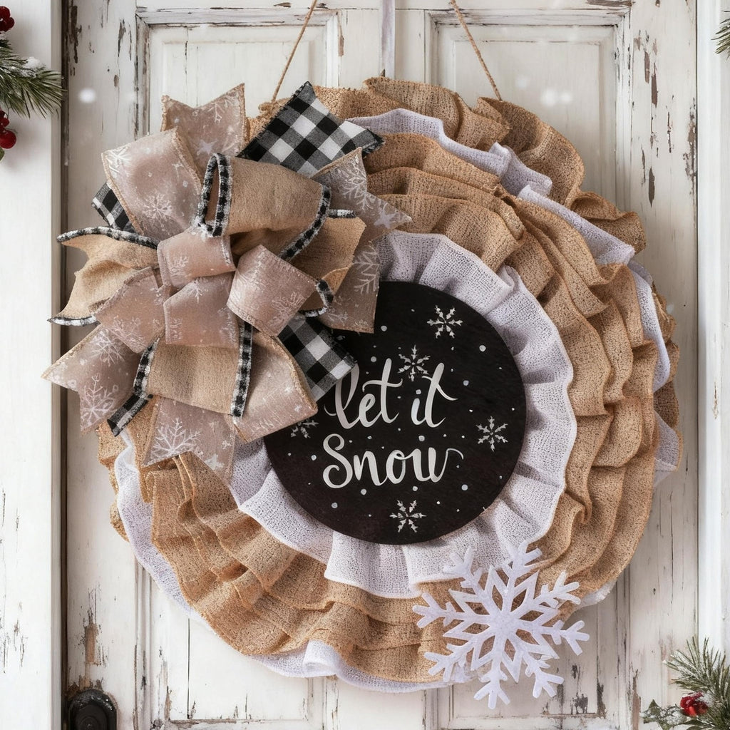 16" Winter Christmas Wreath Let It Snow Burlap Mesh Buffalo Plaid Snowflake Door
