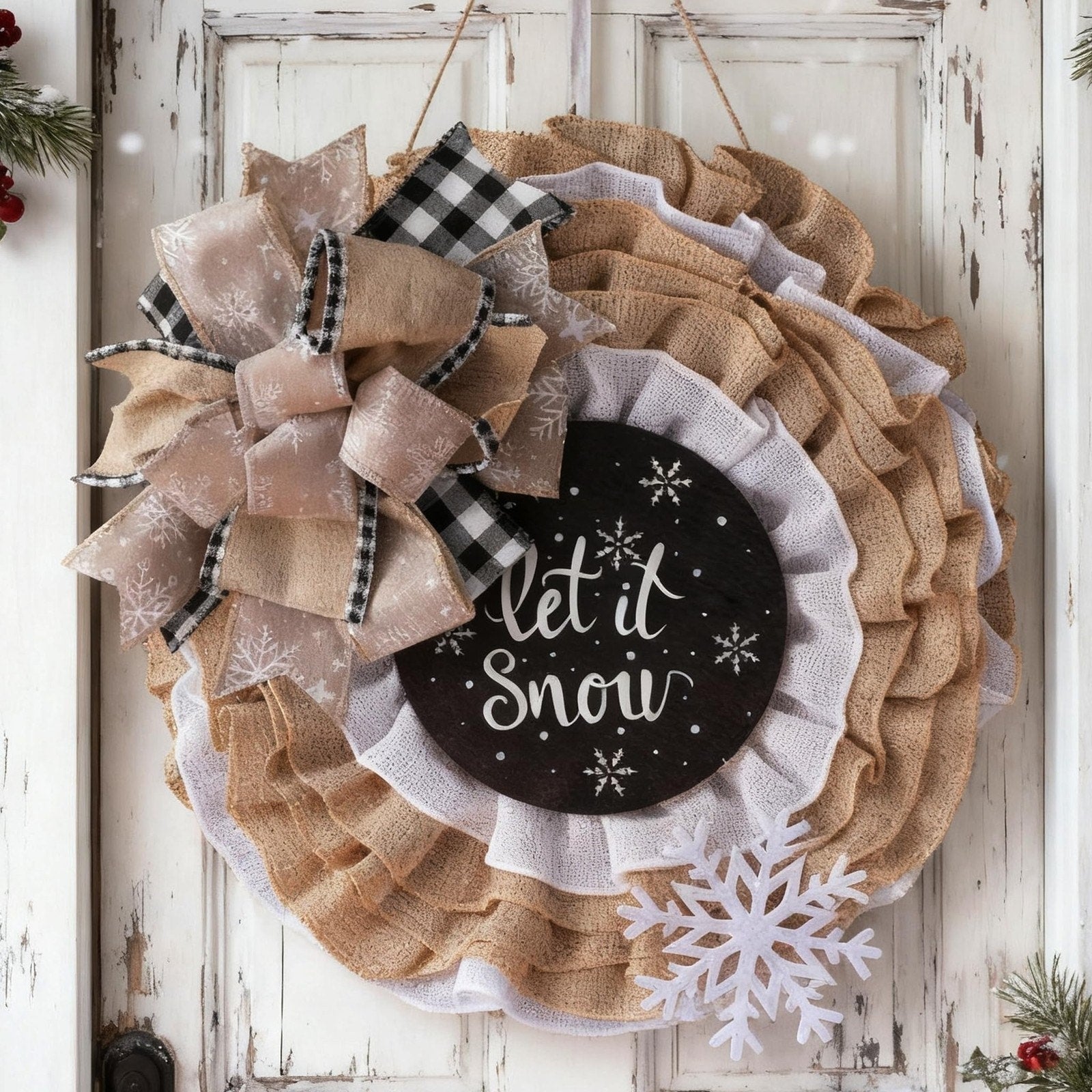 16" Winter Christmas Wreath Let It Snow Burlap Mesh Buffalo Plaid Snowflake Door