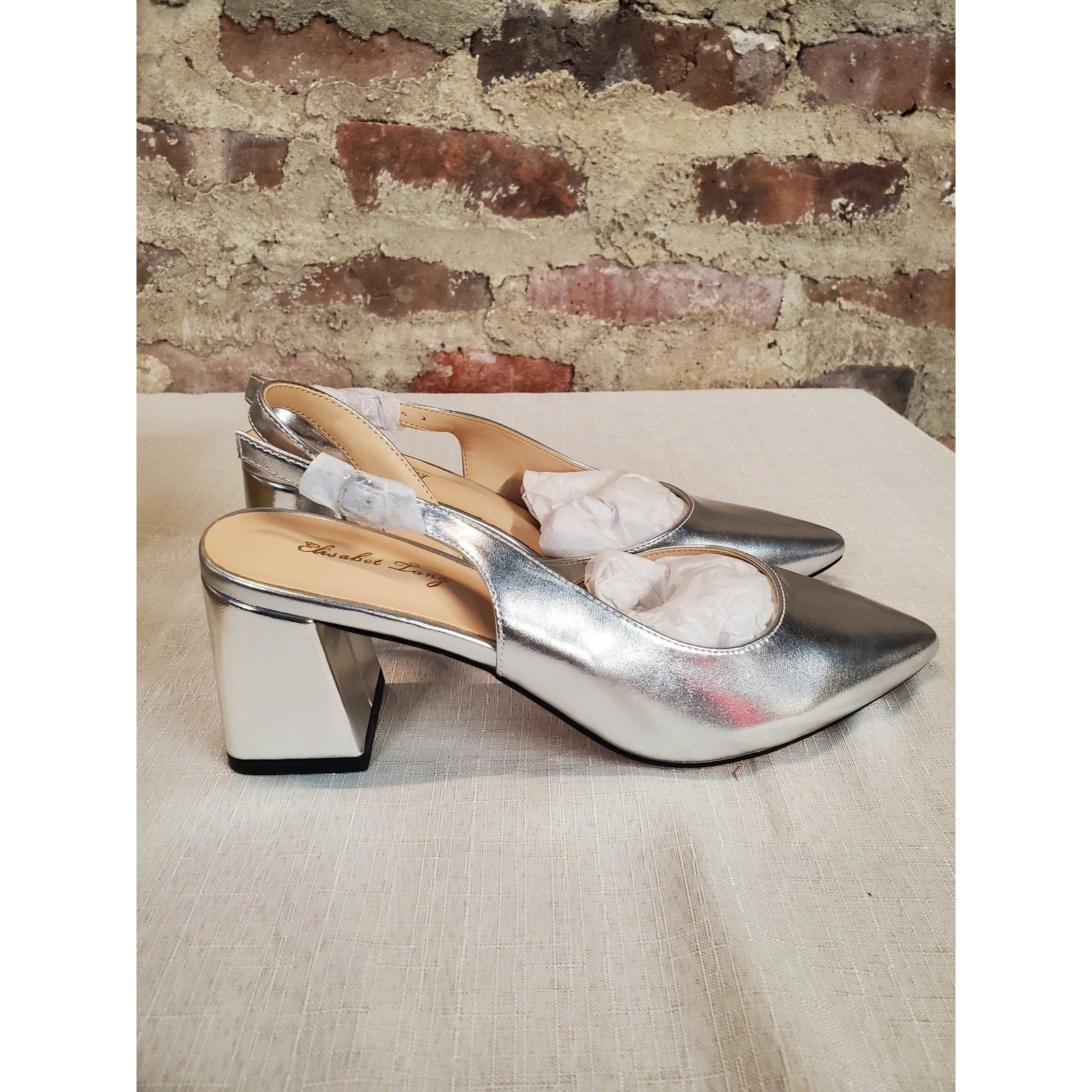 Elisabet Tang Womens Slingback Heels Pointed Toe Block Heel Silver US 7.5 Dress