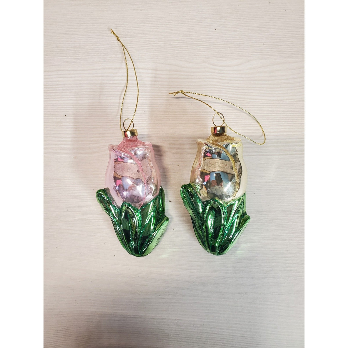 Blown Glass Christmas Ornaments Rose Flower Pink Gold Green Glitter Set of 2