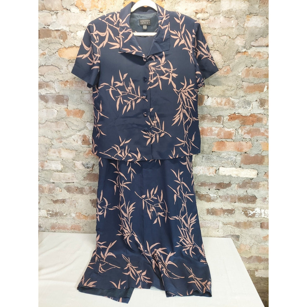 Spenser Jeremy Womens 2 Piece Set Size 16 Navy Peach Bamboo Leaf Print Silk