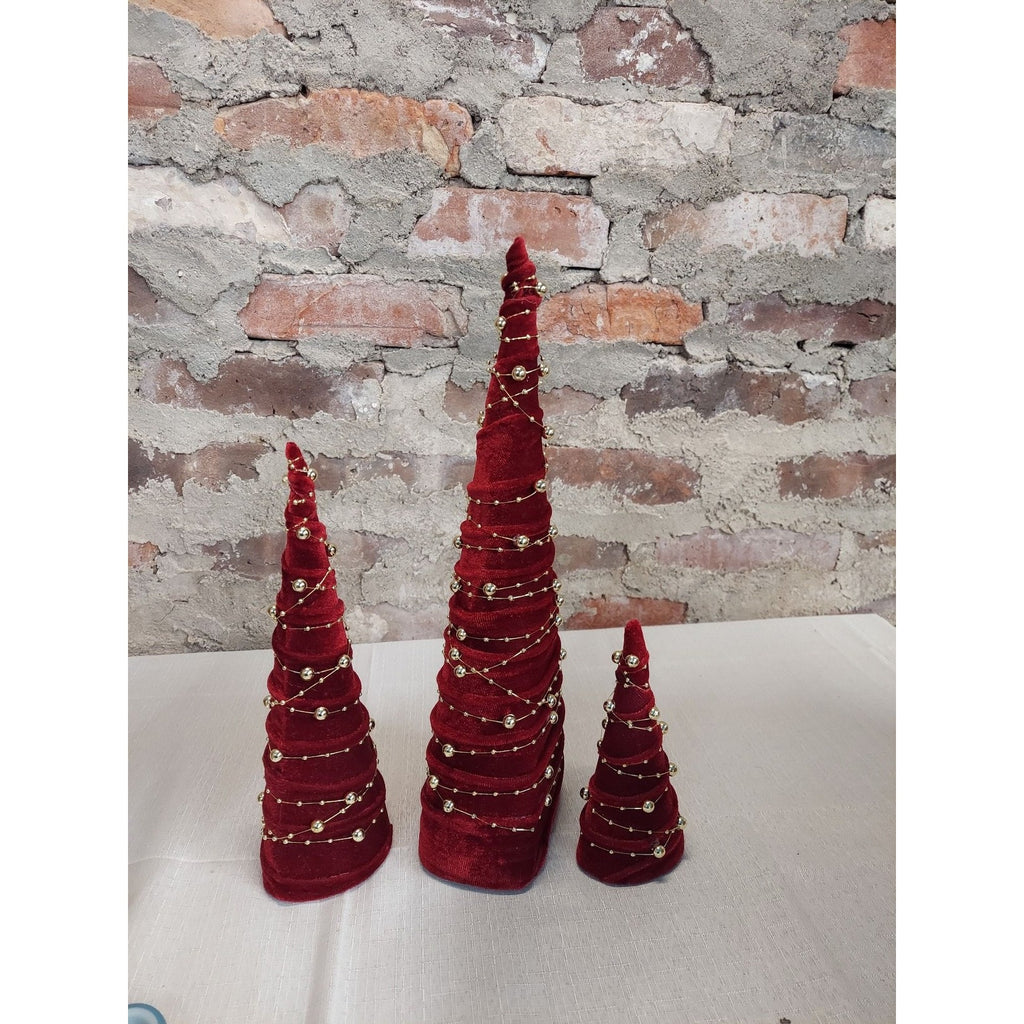 Set of 3 Red Velvet Christmas Cone Trees Tabletop Holiday Mantle Decor 16 Inch