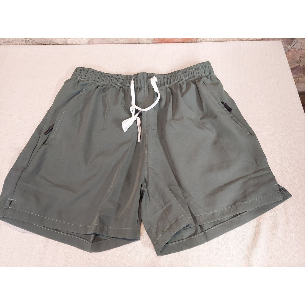 Mens Athletic Shorts XL Olive Green Polyester Spandex Drawstring Zipper Pockets