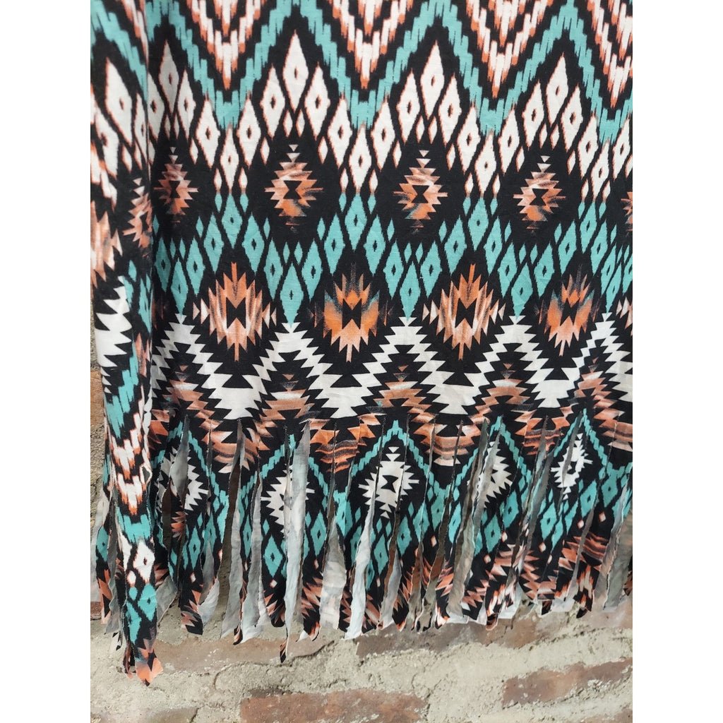 Ginger G Womens Plus 1X Fringe Tunic Top Multicolor Tribal Aztec V Neck Gold