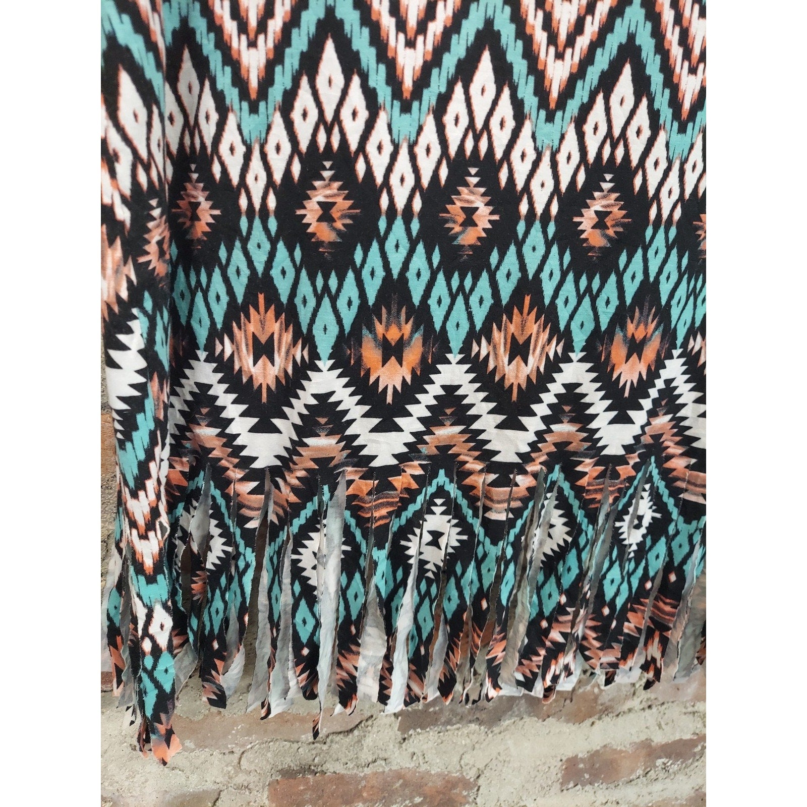 Ginger G Womens Plus 1X Fringe Tunic Top Multicolor Tribal Aztec V Neck Gold