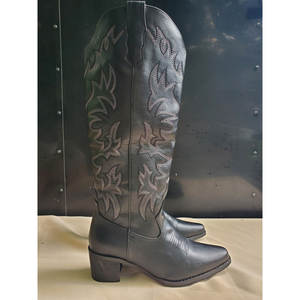TLV Womens Cowboy Western Boots Size 7 Black Knee High Embroidered Pointed Toe