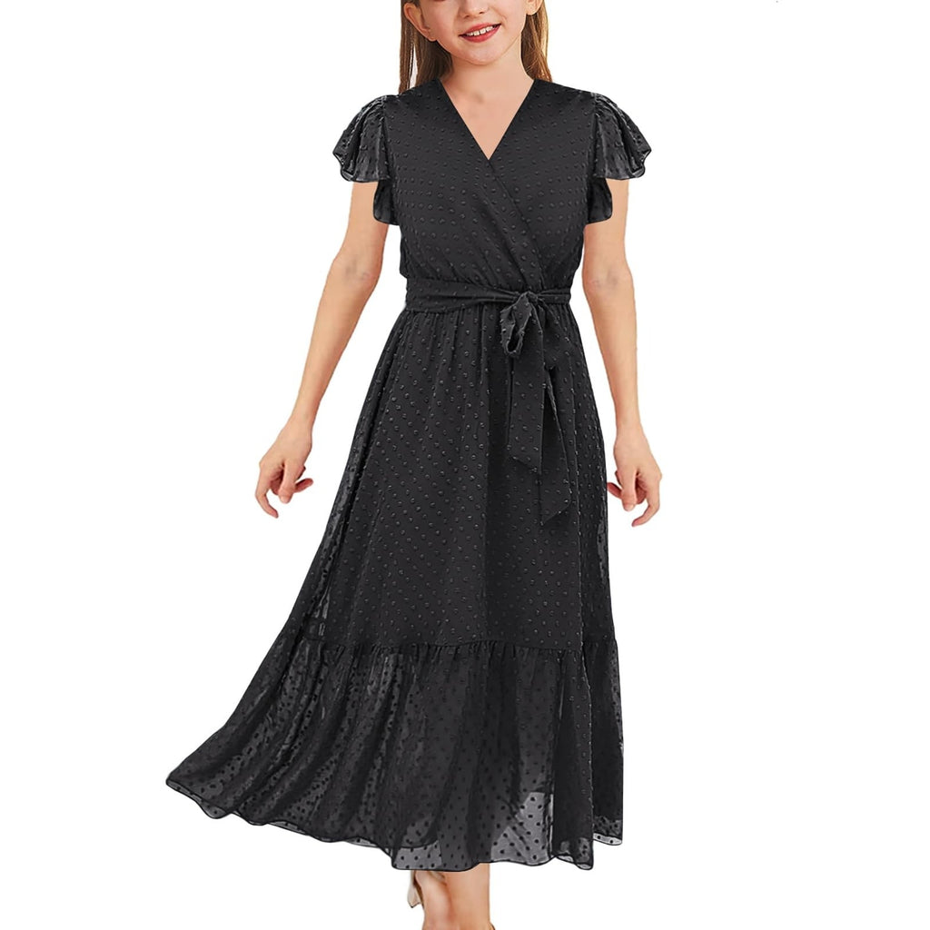 Girls Black Maxi Dress Size 12 V Neck Ruffle Sleeve Self Tie Swiss Dot Tiered