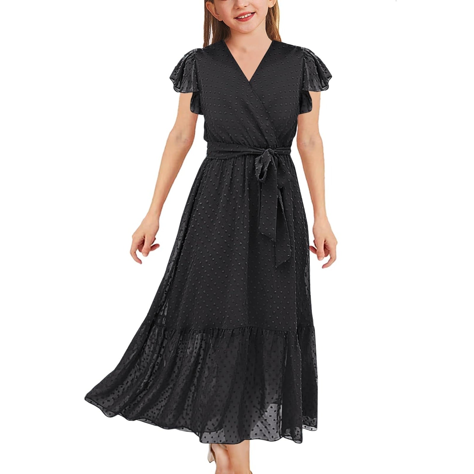 Girls Black Maxi Dress Size 12 V Neck Ruffle Sleeve Self Tie Swiss Dot Tiered