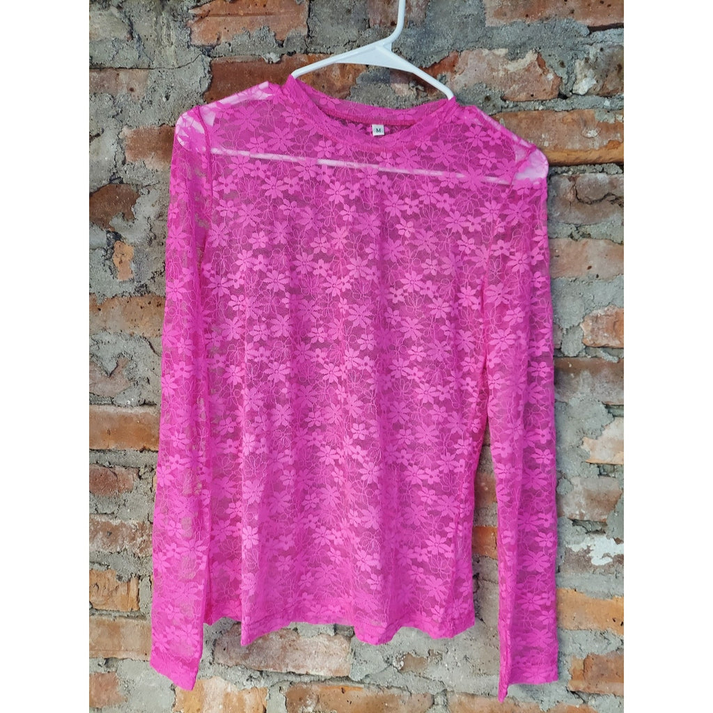 Womens Hot Pink Sheer Lace Floral Long Sleeve Crew Neck Mesh Top M