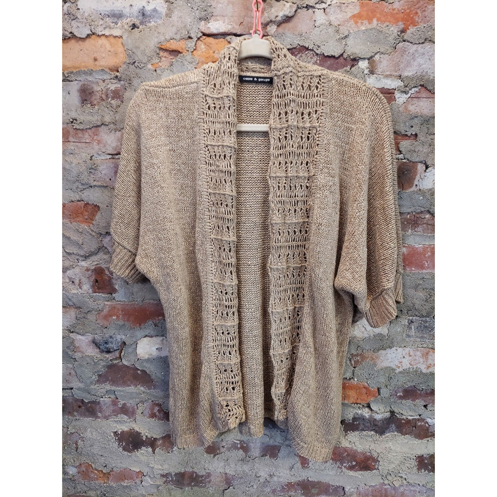 Cable & Gauge Womens Open Knit Short Sleeve Cardigan Tan Lightweight Summer