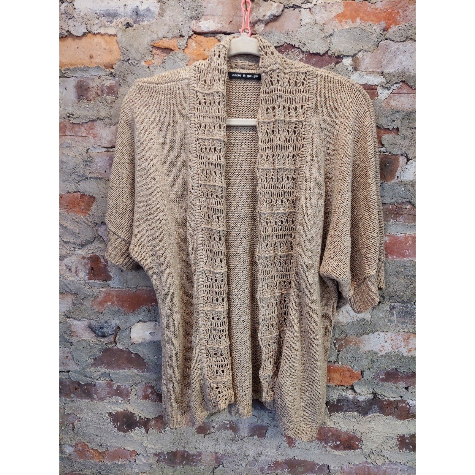 Cable & Gauge Womens Open Knit Short Sleeve Cardigan Tan Lightweight Summer