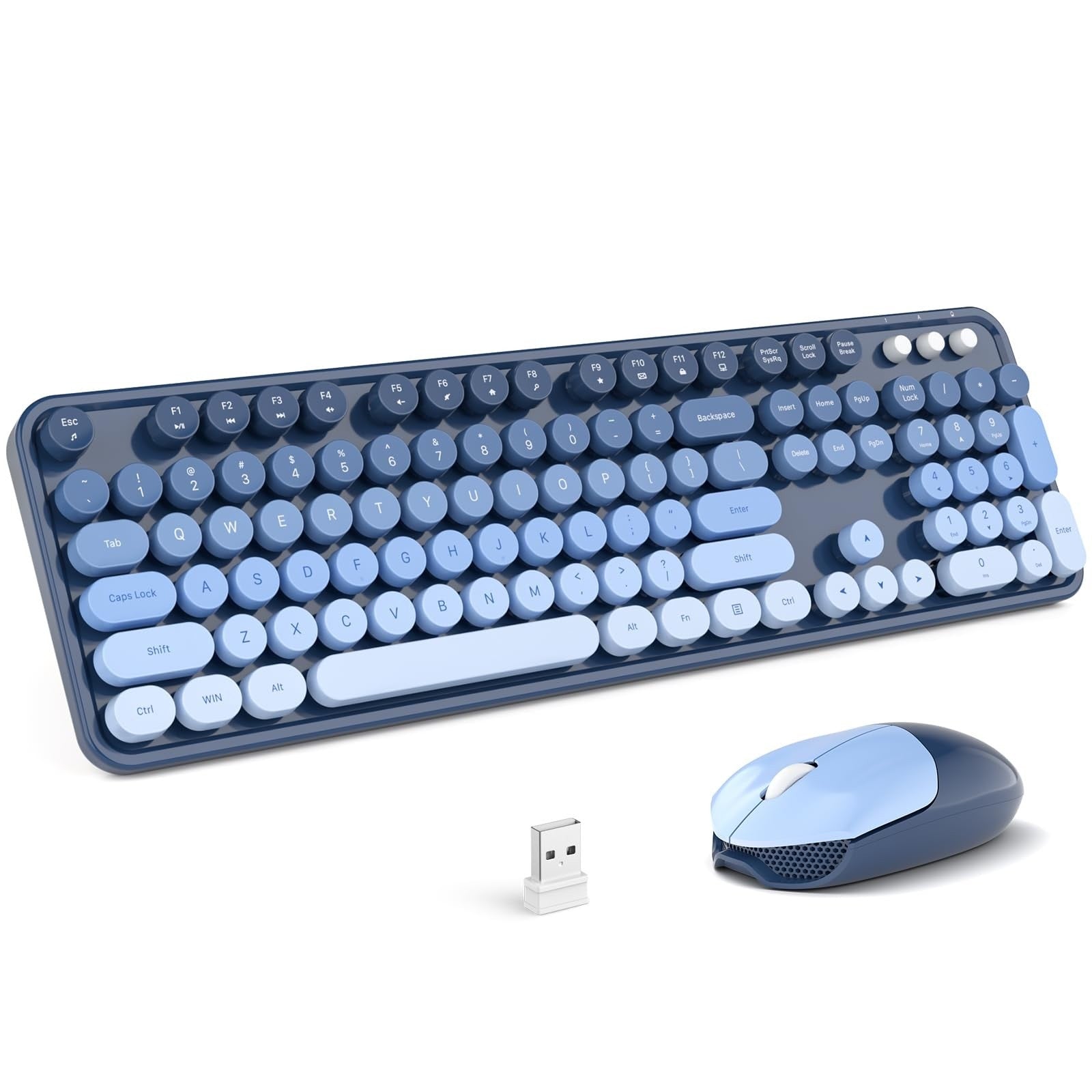 Wireless Bluetooth Keyboard Mouse Combo Set Round Keys Blue Grey Retro PC Mac
