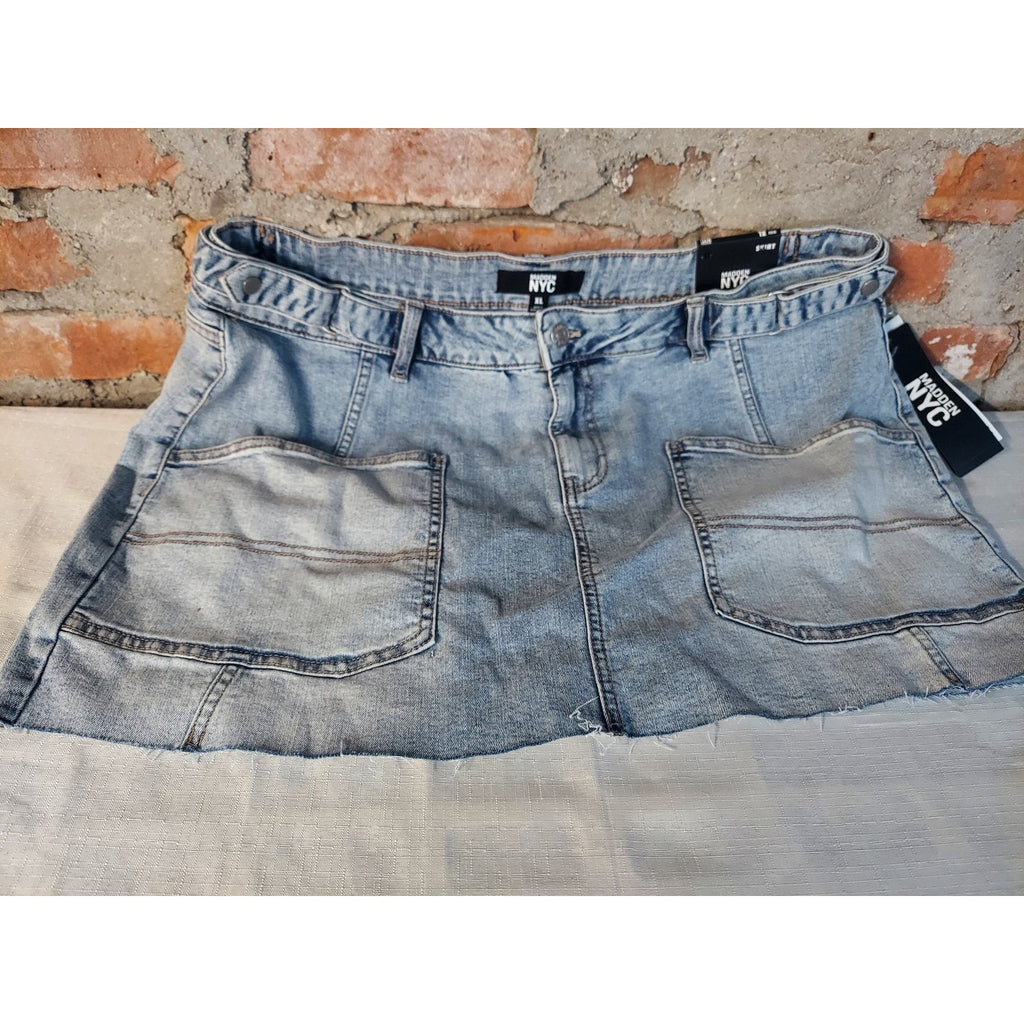 Madden NYC Womens Denim Mini Skirt XL Light Wash Blue Raw Hem Front Pockets