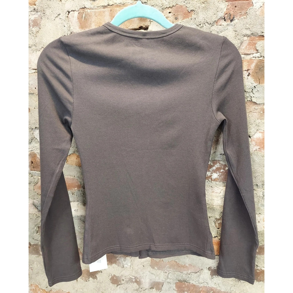 Womens Ribbed Knit Cardigan Top Size S Brown Long Sleeve Button Front Shirt