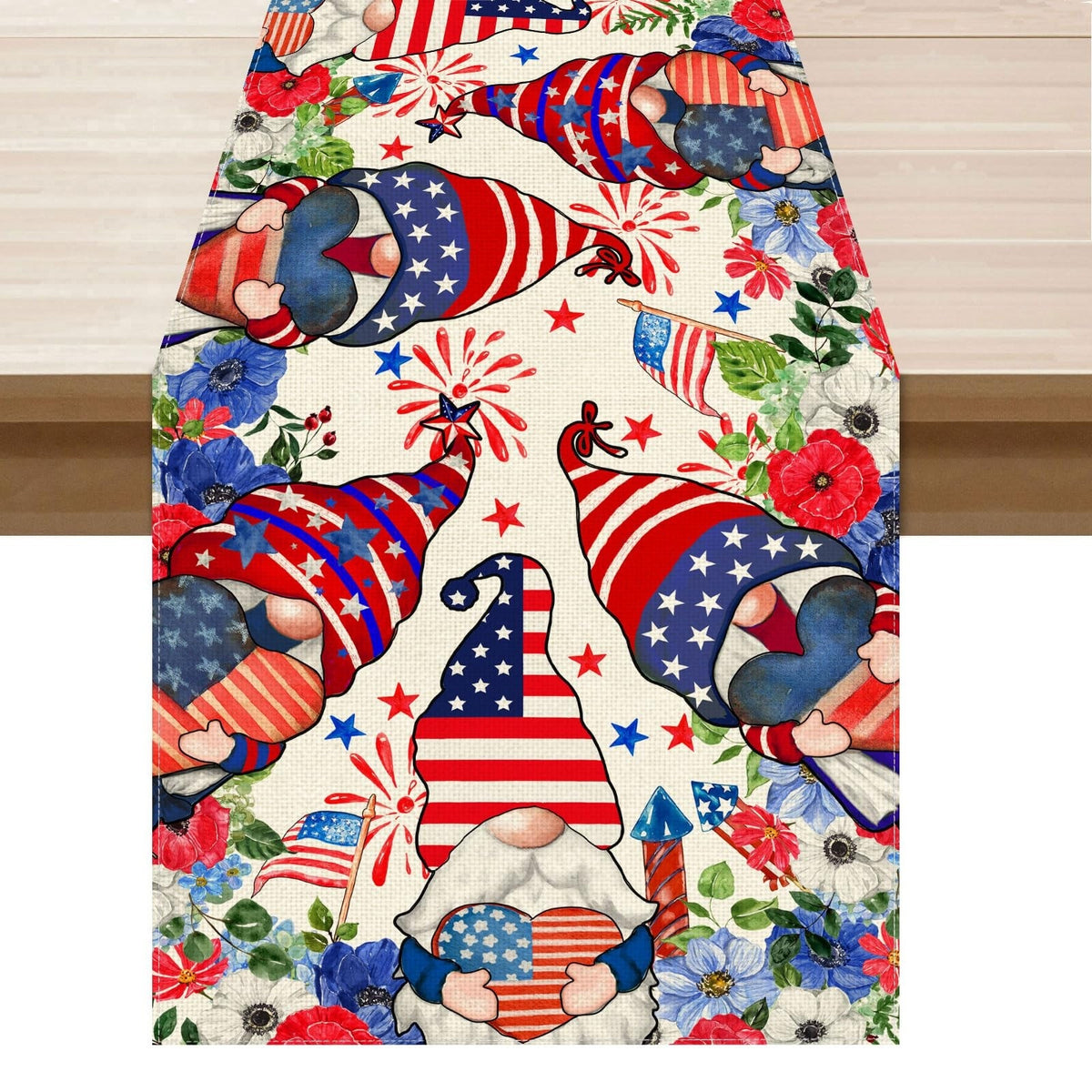 Patriotic Gnomes Table Runner Red White Blue Stars America 13x120"