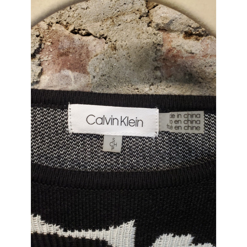 Calvin Klein Womens S Black White Floral Knit Top Short Sleeve Pullover
