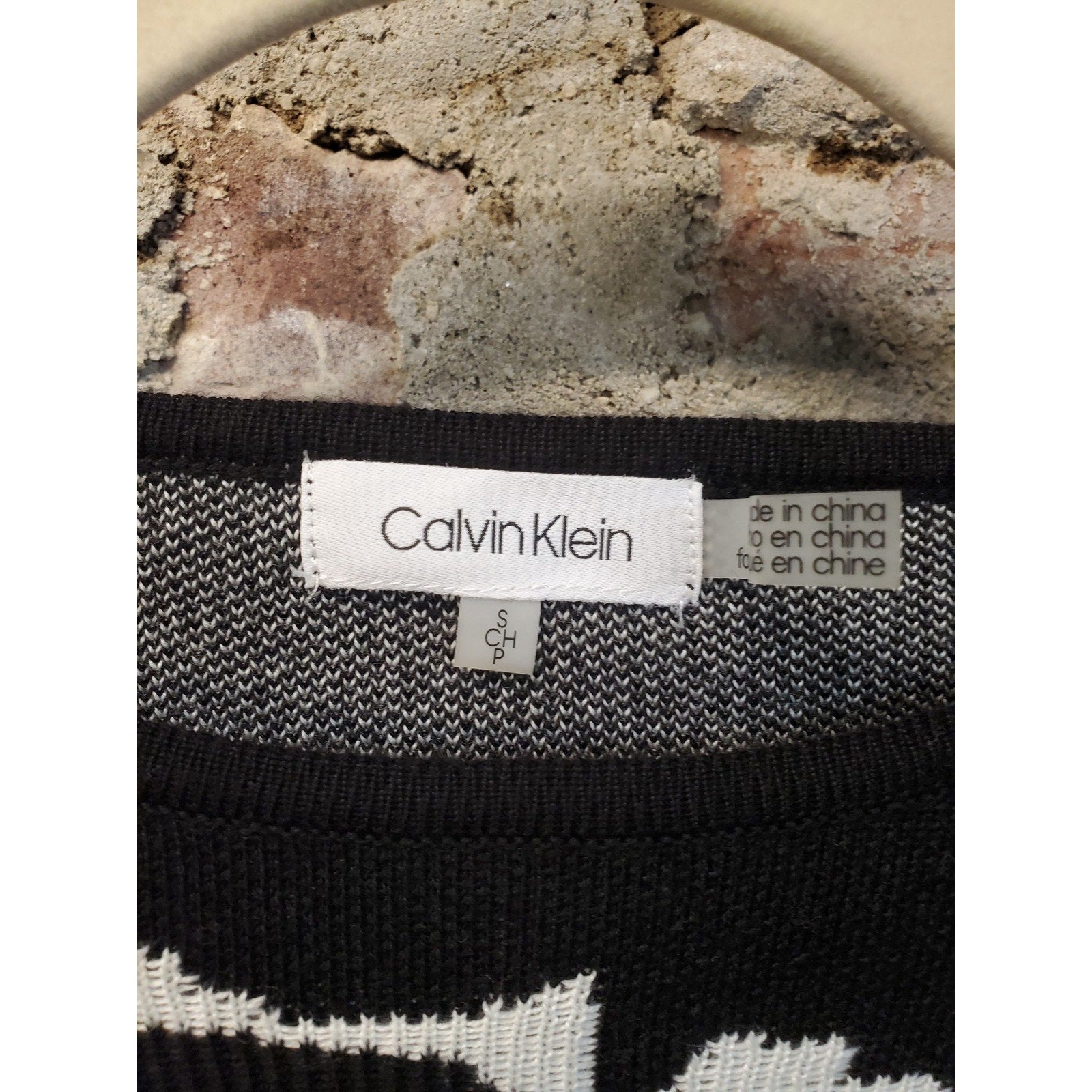Calvin Klein Womens S Black White Floral Knit Top Short Sleeve Pullover