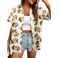 Womens Short Sleeve Button Up Shirt Blouse L Western Abstract Cow Print Casual
