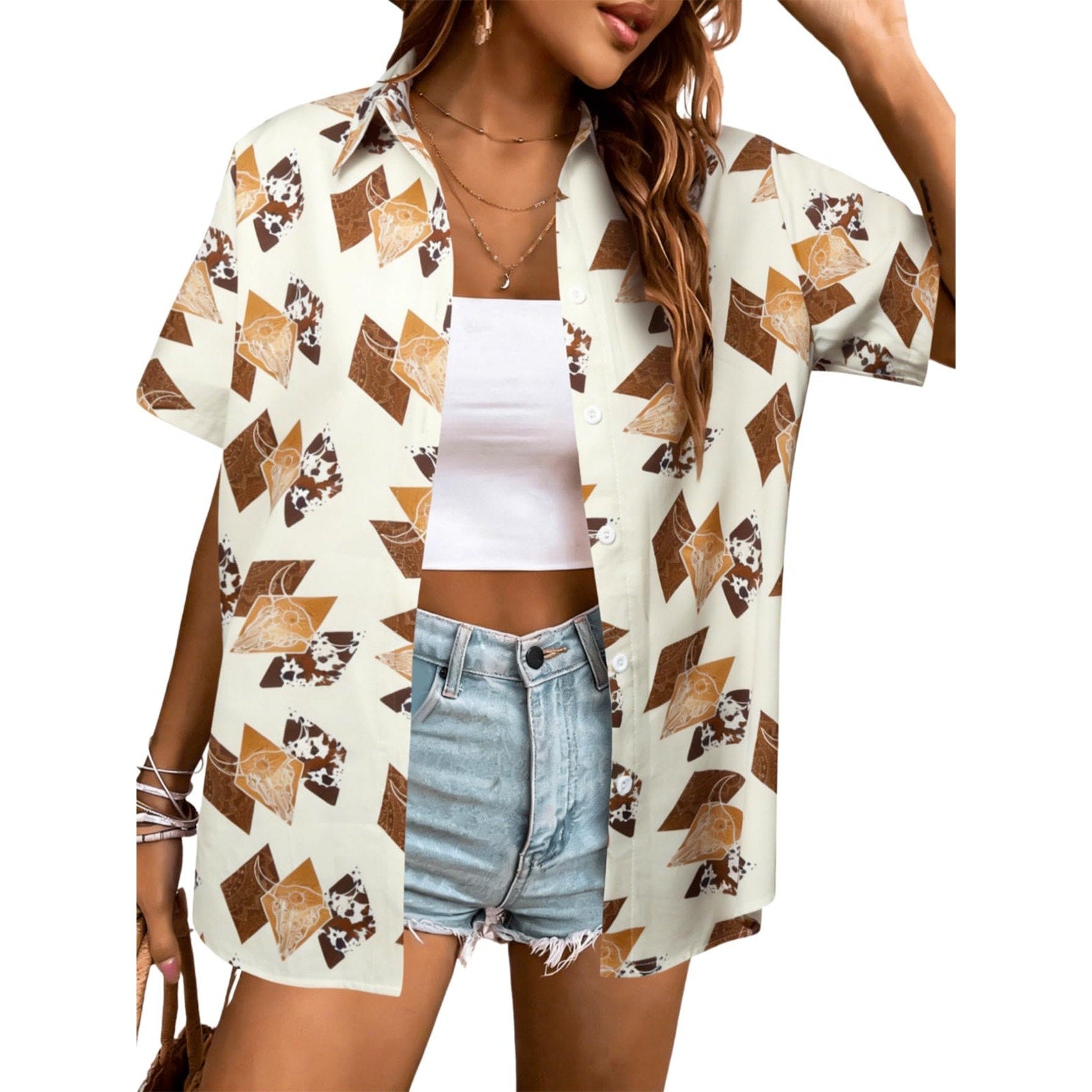 Womens Short Sleeve Button Up Shirt Blouse L Western Abstract Cow Print Casual